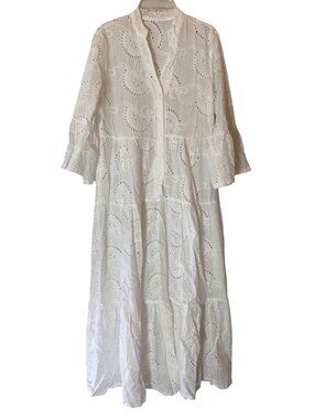 Lucas & Grace New York White Eyelet Long Sleeve Maxi Dress 3/4 Sleeves Small